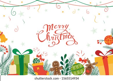 Christmas flat lay design with hand drawn letters, ribbons, Christmas ball, cookies, pine cones and fir branches