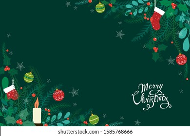Christmas flat lay design with hand drawn letters, Christmas ball, sock and glove, fir branches and mistletoe