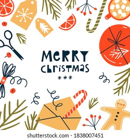 Christmas flat lay design. Presents wrapping process top view. Xmas and New Year celebration preparation. Vector illustration