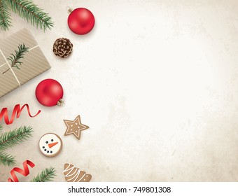 Christmas flat lay design with ribbons, Christmas ornaments, cookies, pine cones and fir branches on vintage grunge background