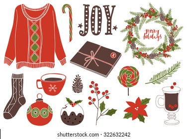 Christmas flat lay. Winter Christmas Illustrations and Wishes. Template for New 2016 Year greeting card, scrapbooking, congratulations, invitations, mood boards.