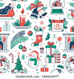 Christmas Flat Seamless Pattern. Color Vector Texture. Christmas Tree And Gifts, Fireplace With Socks,  Snowman And Wreath, Snow Globe With House.  Festive Cartoon Wrapping Paper, Wallpaper Design