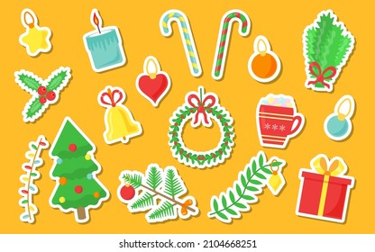 Christmas flat set sticker label of design elements isolated on yellow background. Tree, wreath with ribbon, mistletoe, candle, bell, branch, toys, garland, gift, candy stick and snowflakes. Vector