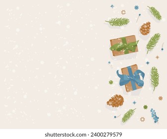 Christmas flat style background with pine tree branches, presents, pinecones and berries with snow. Light gentle Christmas background for cards, websites, banners, posters.