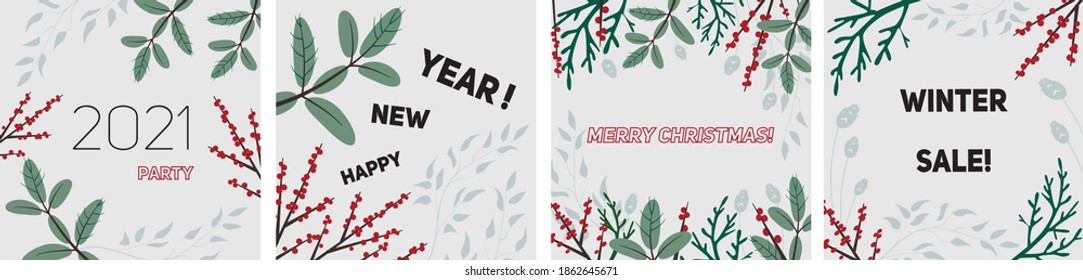 Christmas flat  templates with branches of Christmas tree, red holly ilex berries and other floral elements. Vector background for social media posts and banners design.