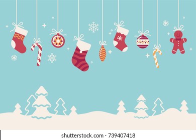 Christmas flat vector background with snowdrifts and traditional winter season holidays decorations, ornaments and elements