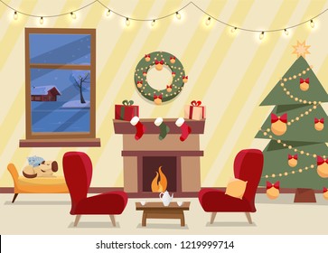Christmas flat vector of decorated living room. Cozy home interior with furniture, sofa, window to winter evening landscape, Christmas tree with gifts, garland, fireplace, bench with sleeping cat, dog