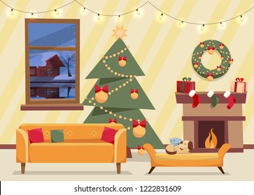 Christmas flat vector of decorated living room. Cozy home interior with furniture, sofa, window to winter evening landscape, Christmas tree with gifts, garland, fireplace, bench with sleeping cat, dog