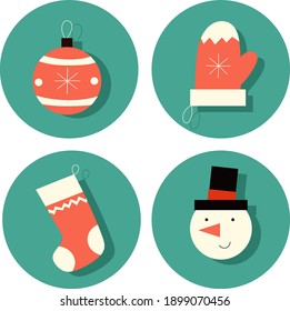 Christmas flat vector icon set template with a snowman in a hat, stocking, mitten, fur and ornament snowball. Winter design objects.