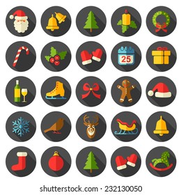 Christmas flat vector icons set with shadows on black