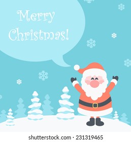  Christmas flat vector illustration.Snow landscape background with christmas trees and santa.