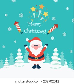 Christmas flat vector illustration.Snow landscape background with christmas trees and santa.