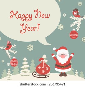 Christmas flat vector illustration.Snow landscape background with christmas trees and santa.