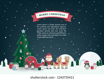 Christmas Flat vector with Santa claus, reindeer sleigh in winter village. Christmas greeting card.