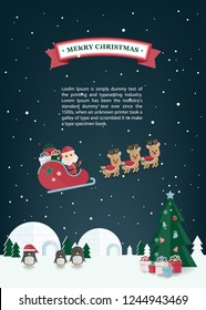 Christmas Flat vector with Santa claus, reindeer sleigh in winter village. Christmas greeting card.