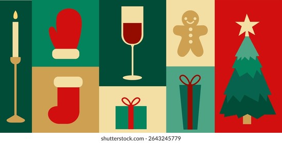 Christmas Flat Vector Set with Tree, Gifts, Gingerbread, Candle and Wine