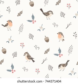 Christmas flora seamless  pattern with cute little birds.