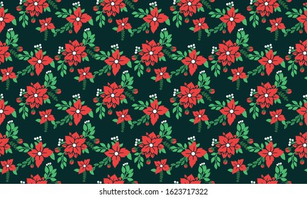 Christmas floral antique pattern, with leaf and red flower elegant drawing.