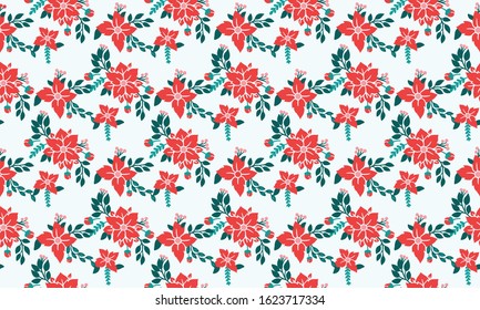 Christmas floral antique pattern, with leaf and red flower elegant drawing.