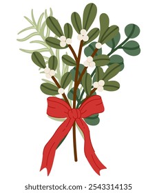 Christmas floral arrangement Bouquet Mistletoe and Greenery. Botanical winter decoration. Perfect for eco friendly holiday designs and winter decor. Vector