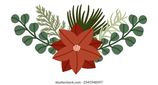 Christmas floral arrangement poinsettia and greenery. Botanical winter decoration. Perfect for eco friendly holiday designs and winter decor. Vector