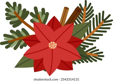 Christmas floral arrangement poinsettia and Pine Branches. Botanical natural winter decoration. Perfect for eco friendly holiday designs and winter decor. Vector