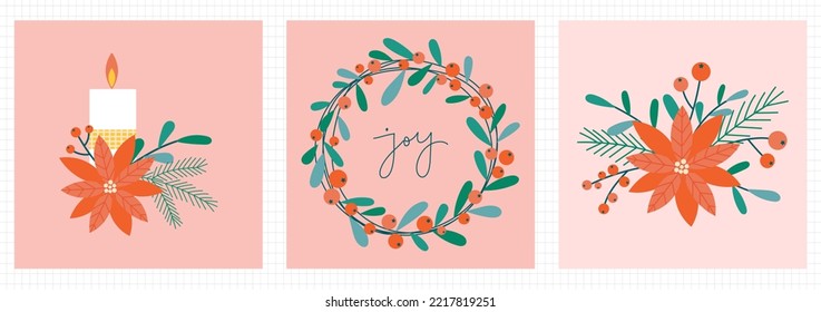 Christmas floral arrangement set with candle, poinsettia, wreath and red berries. Retro flat Xmas flower compositions. Design element for Christmas invitation, greeting card or flyer.