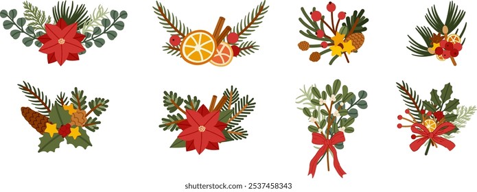 Christmas floral arrangements poinsettia flower, pine branches, berries, orange slices, cinnamon, holly, mistletoe, pinecones, and decorative elements. Perfect for holiday designs and cards. Vector