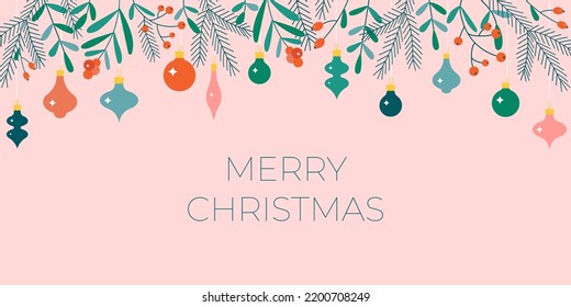 Christmas floral banner with hanging baubles on a pink background. Flat modern cute fir branches, red berries and sparkles. Perfect for New Year letter, invitation, flyer template.