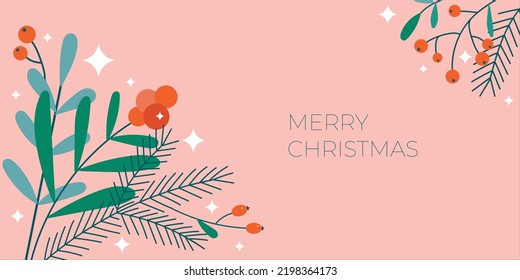 Christmas floral banner on a pink background. Flat modern cute fir branches, red berries and sparkles. Perfect for New Year letter, invitation, flyer template.