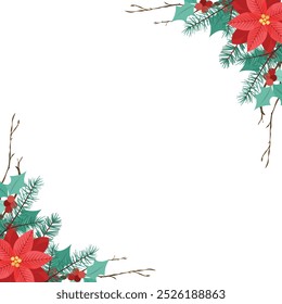 Christmas floral border with red poinsettias, mistletoe, red berries and fir branches.