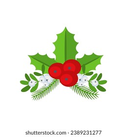 Christmas floral border. Spruce evergreen branch, poinsettia and holly berry. Winter holiday decoration for greeting cards, poster and templates. Flat cartoon vector sticker.