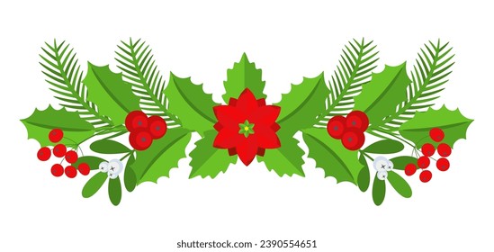 Christmas floral border. Spruce evergreen branch, poinsettia and holly berry. Winter holiday decoration for greeting cards, poster and templates. Flat cartoon vector icon.