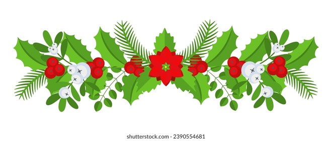 Christmas floral border. Spruce evergreen branch, poinsettia and holly berry. Winter holiday decoration for greeting cards, poster and templates. Flat cartoon vector icon.