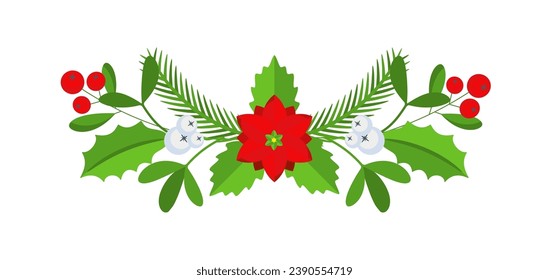 Christmas floral border. Spruce evergreen branch, poinsettia and holly berry. Winter holiday decoration for greeting cards, poster and templates. Flat cartoon vector icon.