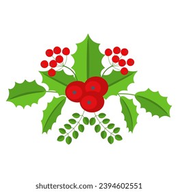 Christmas floral border. Spruce evergreen branch, poinsettia and holly berry. Winter holiday decoration for greeting cards, poster and templates. Flat cartoon vector sticker.