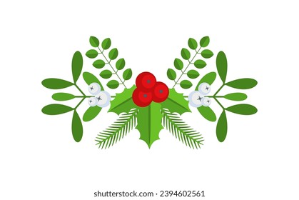 Christmas floral border. Spruce evergreen branch, poinsettia and holly berry. Winter holiday decoration for greeting cards, poster and templates. Flat cartoon vector icon.