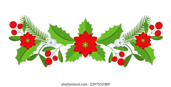 Christmas floral border. Spruce evergreen branch, poinsettia and holly berry. Winter holiday decoration for greeting cards, poster and templates. Flat cartoon vector icon.