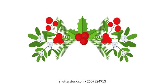 Christmas floral border. Spruce evergreen branch, poinsettia and holly berry. Winter holiday decoration for greeting cards, poster and templates. Flat cartoon vector sticker.