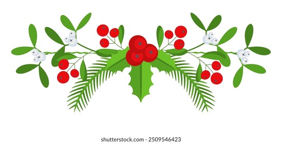 Christmas floral border. Spruce evergreen branch, poinsettia and holly berry. Winter holiday decoration for greeting cards, poster and templates. Flat cartoon vector icon.