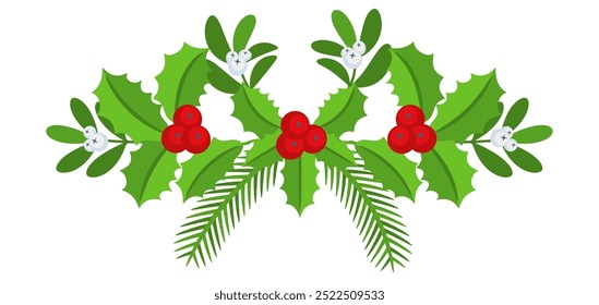 Christmas floral border. Spruce evergreen branch, poinsettia and holly berry. Winter holiday decoration for greeting cards, poster and templates. Flat cartoon vector icon.