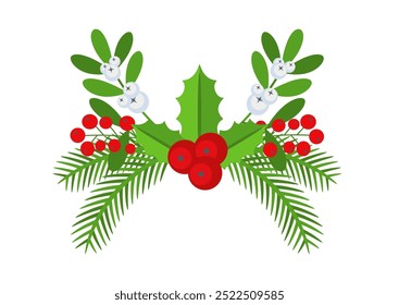Christmas floral border. Spruce evergreen branch, poinsettia and holly berry. Winter holiday decoration for greeting cards, poster and templates. Flat cartoon vector icon.