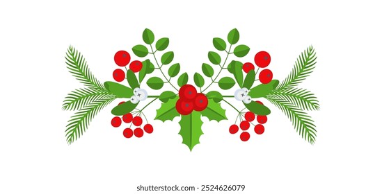 Fronteira floral de Natal. Spruce ramo evergreen, poinsettia e holly berry. Decoração de férias de inverno para cartões de felicitações, cartaz e modelos. Adesivo de vetor de desenho animado plano.