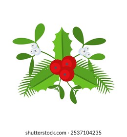 Christmas floral border. Spruce evergreen branch, poinsettia and holly berry. Winter holiday decoration for greeting cards, poster and templates. Flat cartoon vector sticker.