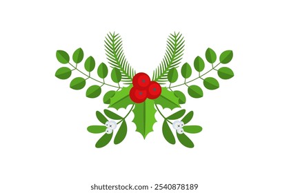 Christmas floral border. Spruce evergreen branch, poinsettia and holly berry. Winter holiday decoration for greeting cards, poster and templates. Flat cartoon vector sticker.