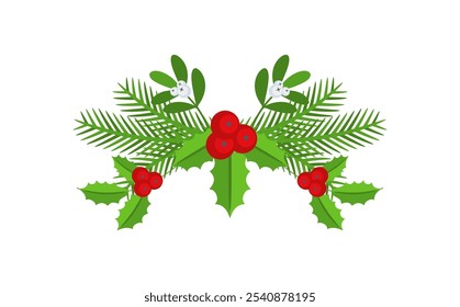 Christmas floral border. Spruce evergreen branch, poinsettia and holly berry. Winter holiday decoration for greeting cards, poster and templates. Flat cartoon vector sticker.