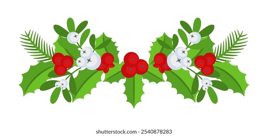 Fronteira floral de Natal. Spruce ramo evergreen, poinsettia e holly berry. Decoração de férias de inverno para cartões de felicitações, cartaz e modelos. Adesivo de vetor de desenho animado plano.