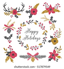 Christmas floral  bouquet collection. Vector illustration isolated on white background. Easily editing for create your own flower arrangements.