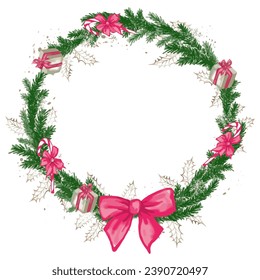Christmas floral circle wreath with pink bow and golden snow for card or invitation, vector illustration for design.