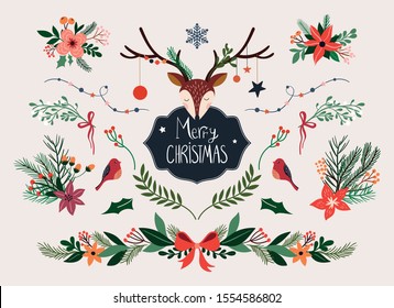 Christmas floral collection with deer head and different floral arrangements